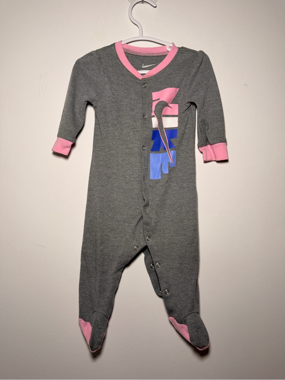 Nike gray pink graphic footed coverall snap closure cozy comfy girl footies